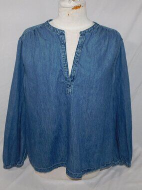 GAP Womens XL Denim Chambray Split Neck Blouse Long Sleeve Boho Pullover Top